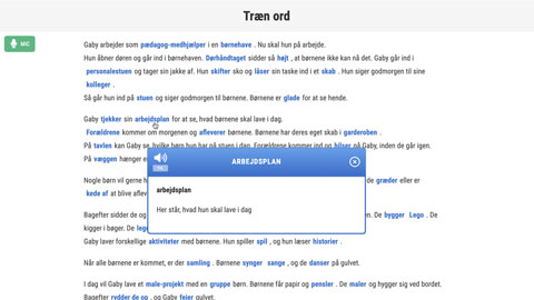 Screenshot af siden med ord